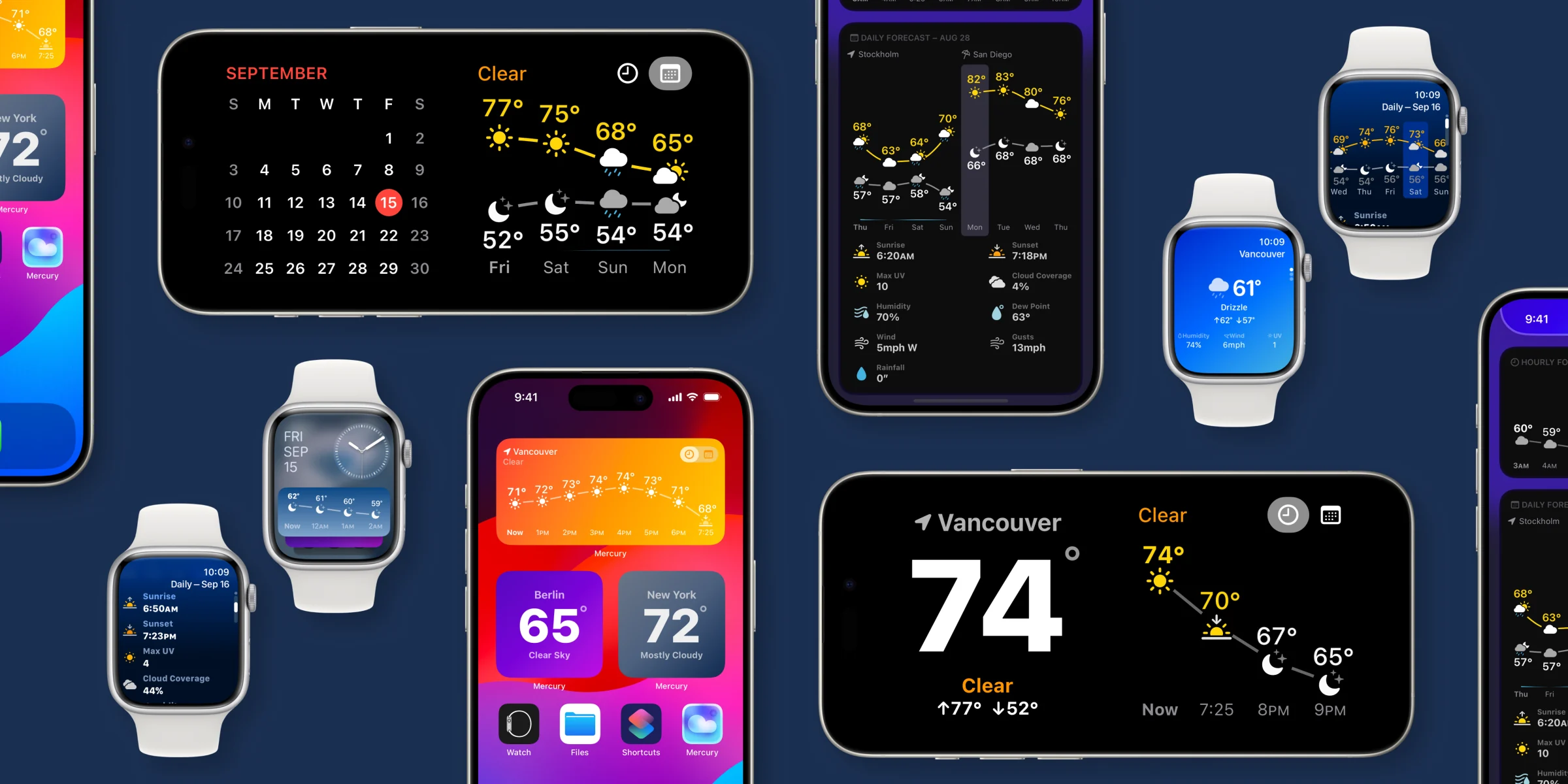 Mercury Weather across iPhone, iPad, Apple Watch, and Mac