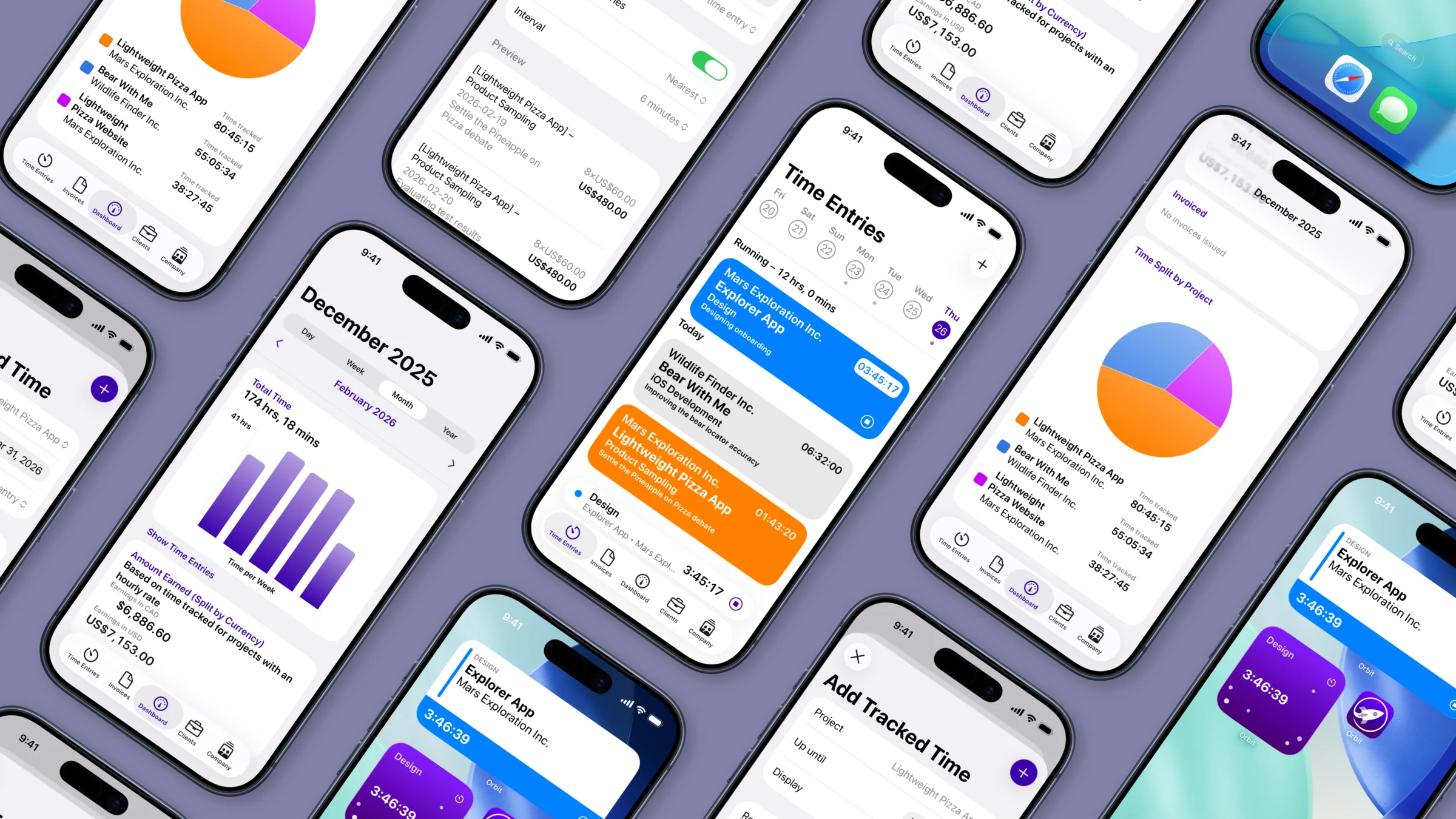 Orbit time tracking and invoicing shown across iPhone and Apple Watch screens