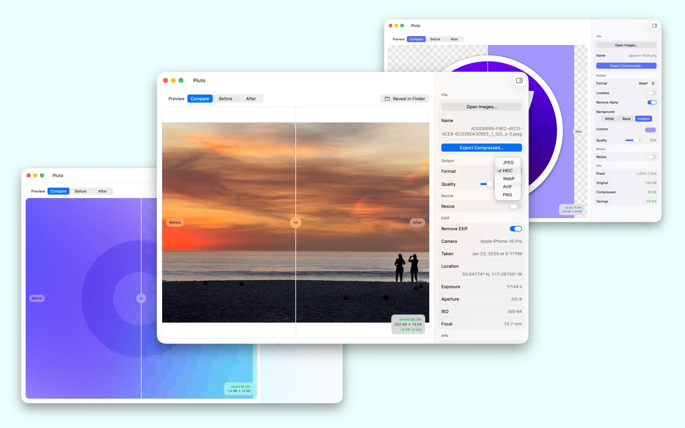 Pluto for macOS comparing compressed images, including an Encinitas sunset and app icon