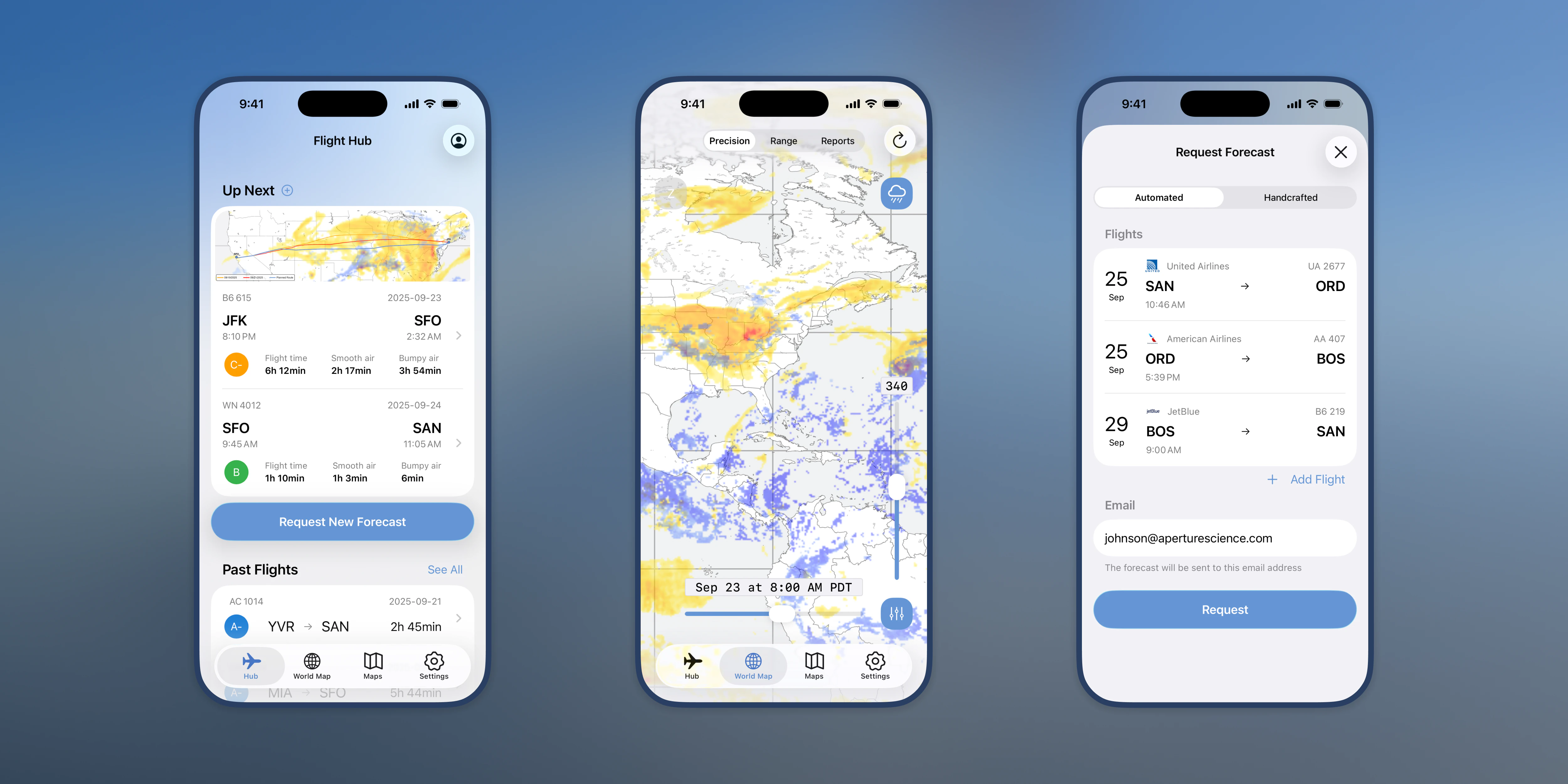 Turbulence Forecast Flight Hub, World Map, and forecast request shown on iPhone